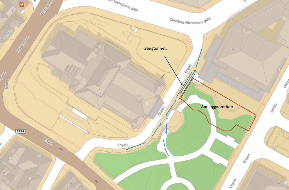 Kart over Teaterparken. Piler viser nytt gangmønster. Rødt område blir avstengt som anleggsområde.
